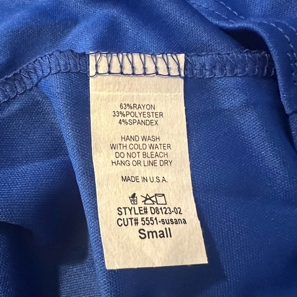 41 Hawthorn Women Small Blue Geometric  Faux Wrap Tie Belt Midi‎ Stretch Dress - Picture 4 of 5